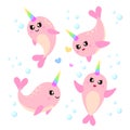 Set of cute cartoon narwhals. It`s a girl Royalty Free Stock Photo